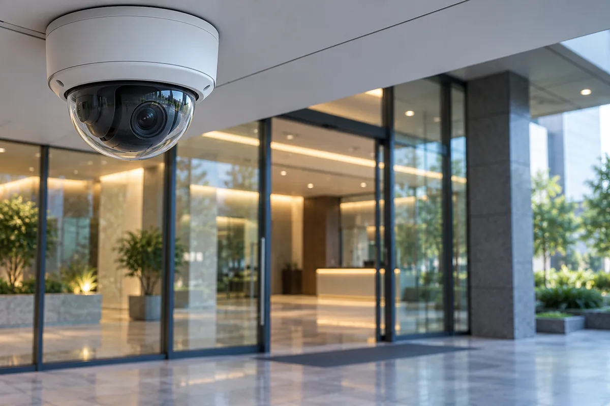 Dome surveillance camera overlooking a modern business entrance — illustrative image