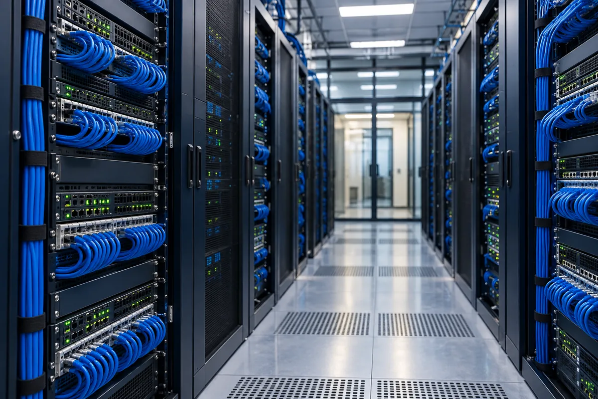 Server aisle with organized blue network cabling — illustrative image
