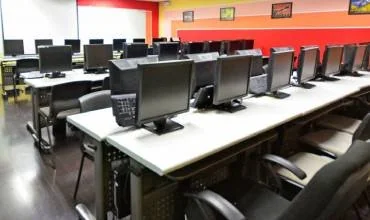 Desktop computers in a business workspace