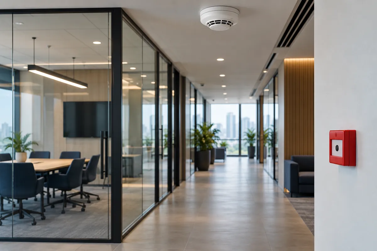 Smoke detector and alarm call point in a commercial office corridor — illustrative image