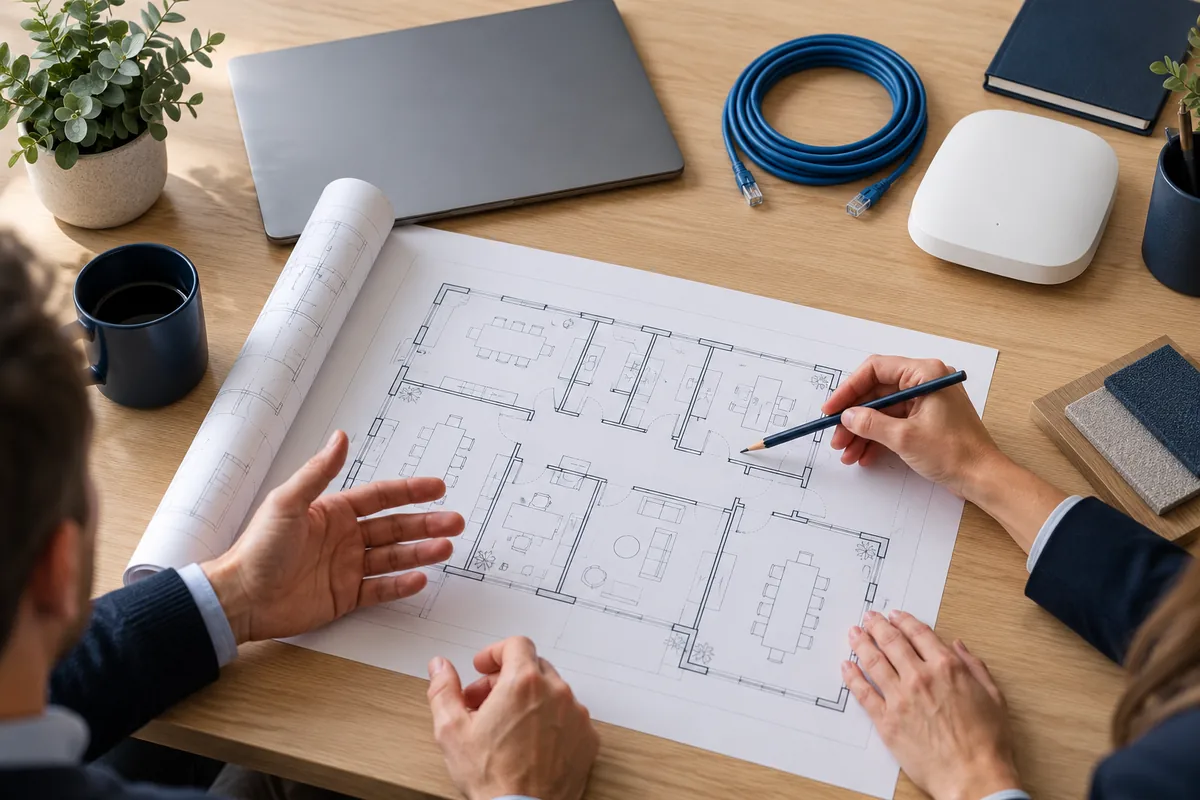 Consultants reviewing a workspace floorplan — illustrative image