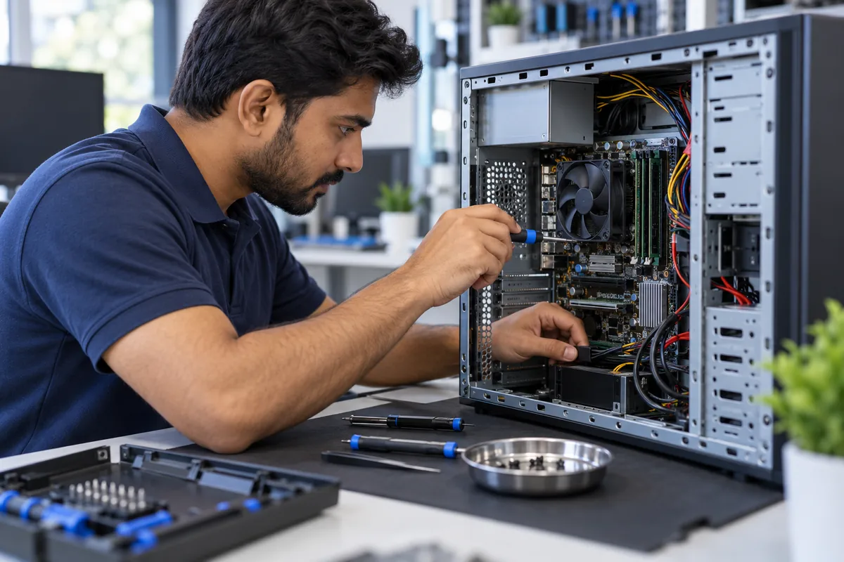 Technician servicing a desktop computer — illustrative image