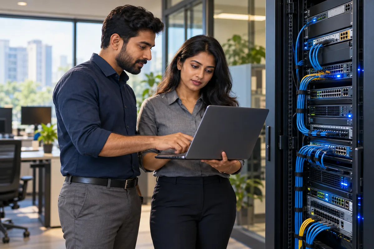 Indian IT professionals reviewing a laptop beside a network rack — illustrative image